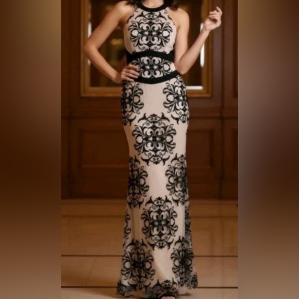 Black Damask Flocked Velvet Halter Gown Nude Lace Caged Back Formal Dress A16527